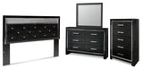 Kaydell King Upholstered Panel Headboard with Mirrored Dresser and Chest in Black - PKG014236