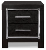 Kaydell King Upholstered Panel Headboard with Mirrored Dresser, Chest and 2 Nightstands in Black - PKG014238