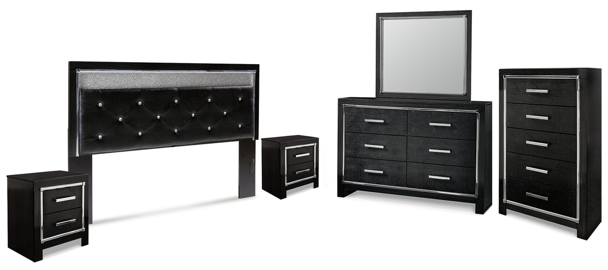 Kaydell King Upholstered Panel Headboard with Mirrored Dresser, Chest and 2 Nightstands in Black - PKG014238