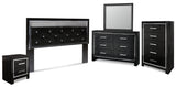 Kaydell King Upholstered Panel Headboard with Mirrored Dresser, Chest and Nightstand in Black - PKG014237