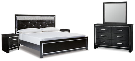 Kaydell King Upholstered Panel Platform Bed with Mirrored Dresser and 2 Nightstands in Black - PKG014265