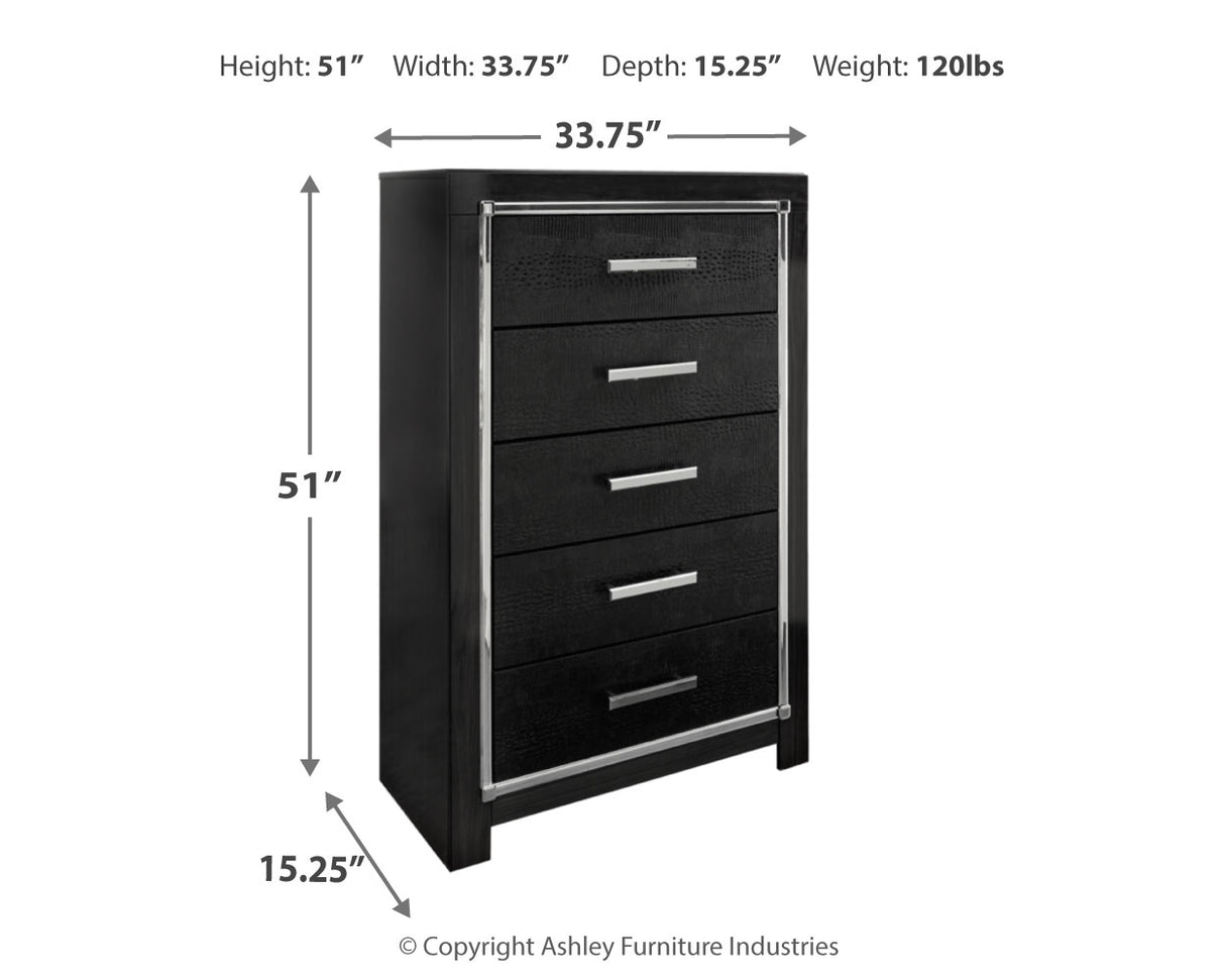 Kaydell King Upholstered Panel Platform Bed with Mirrored Dresser and Chest in Black - PKG014266