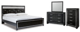 Kaydell King Upholstered Panel Platform Bed with Mirrored Dresser and Chest in Black - PKG014266