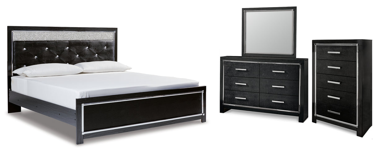 Kaydell King Upholstered Panel Platform Bed with Mirrored Dresser and Chest in Black from Ashley - Luna Furniture