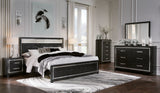 Kaydell King Upholstered Panel Platform Bed with Mirrored Dresser, Chest and 2 Nightstands in Black - PKG014268