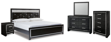 Kaydell King Upholstered Panel Platform Bed with Mirrored Dresser, Chest and Nightstand in Black from Ashley - Luna Furniture