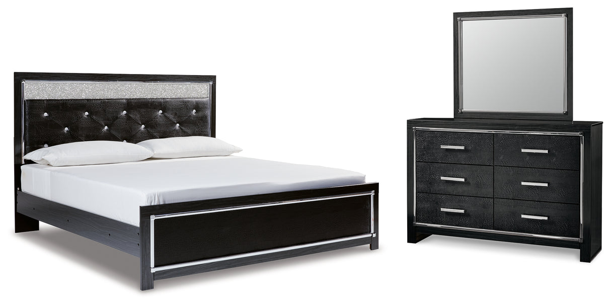 Kaydell King Upholstered Panel Platform Bed with Mirrored Dresser in Black from Ashley - Luna Furniture