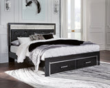 Kaydell King Upholstered Panel Storage Bed with Mirrored Dresser and 2 Nightstands in Black - PKG014259