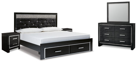 Kaydell King Upholstered Panel Storage Bed with Mirrored Dresser and 2 Nightstands in Black - PKG014259