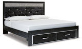 Kaydell King Upholstered Panel Storage Bed with Mirrored Dresser and 2 Nightstands in Black - PKG014259