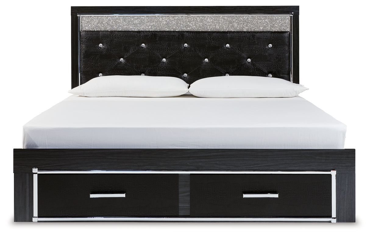 Kaydell King Upholstered Panel Storage Bed with Mirrored Dresser and 2 Nightstands in Black - PKG014259