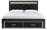 Kaydell King Upholstered Panel Storage Bed with Mirrored Dresser and 2 Nightstands in Black - PKG014259