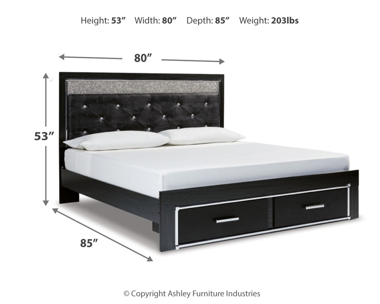 Kaydell King Upholstered Panel Storage Bed with Mirrored Dresser and Chest in Black - PKG014260