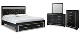 Kaydell King Upholstered Panel Storage Bed with Mirrored Dresser and Chest in Black - PKG014260