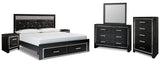 Kaydell King Upholstered Panel Storage Bed with Mirrored Dresser, Chest and 2 Nightstands in Black - PKG014262