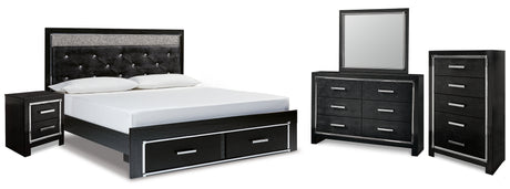 Kaydell King Upholstered Panel Storage Bed with Mirrored Dresser, Chest and Nightstand in Black - PKG014261