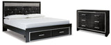 Kaydell King Upholstered Panel Storage Platform Bed with Dresser in Black - PKG014269