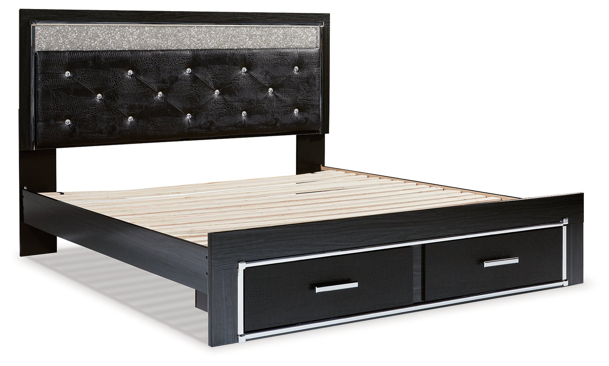 Kaydell King Upholstered Panel Storage Platform Bed with Dresser in Black - PKG014269