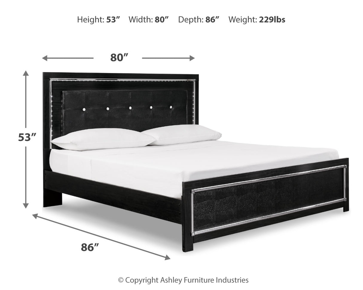 Kaydell King Upholstered Panel Storage Platform Bed with Mirrored Dresser and 2 Nightstands in Black from Ashley - Luna Furniture