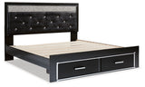 Kaydell King Upholstered Panel Storage Platform Bed with Mirrored Dresser and 2 Nightstands in Black - PKG014271