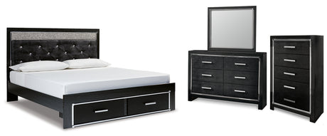 Kaydell King Upholstered Panel Storage Platform Bed with Mirrored Dresser and Chest in Black from Ashley - Luna Furniture