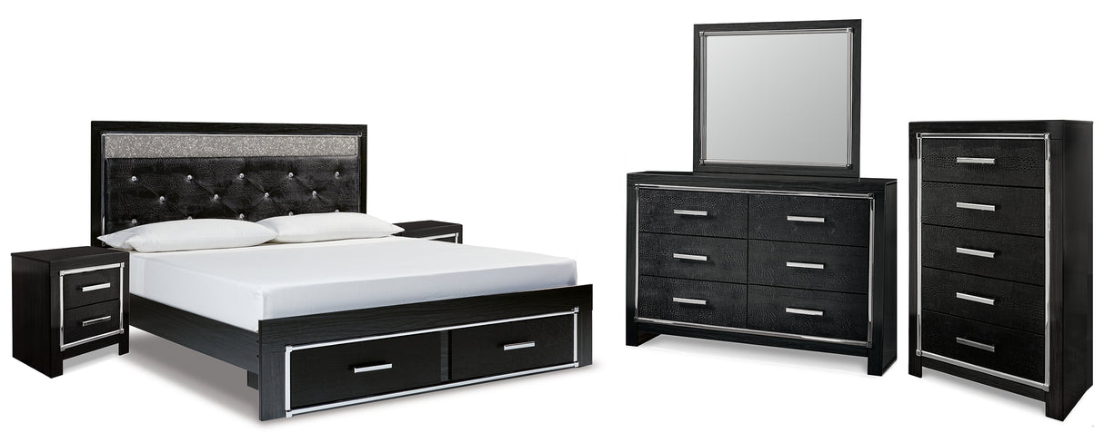 Kaydell King Upholstered Panel Storage Platform Bed with Mirrored Dresser, Chest and 2 Nightstands in Black - PKG014274