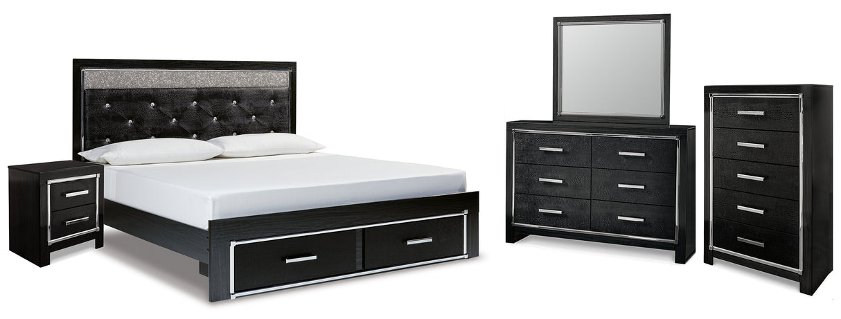 Kaydell King Upholstered Panel Storage Platform Bed with Mirrored Dresser, Chest and Nightstand in Black - PKG014273