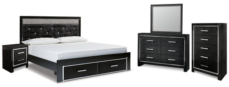 Kaydell King Upholstered Panel Storage Platform Bed with Mirrored Dresser, Chest and Nightstand in Black from Ashley - Luna Furniture