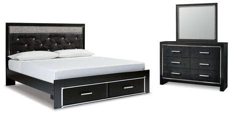 Kaydell King Upholstered Panel Storage Platform Bed with Mirrored Dresser in Black from Ashley - Luna Furniture