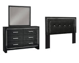 Kaydell Queen/Full Upholstered Panel Headboard Bed with Mirrored Dresser in Black from Ashley - Luna Furniture