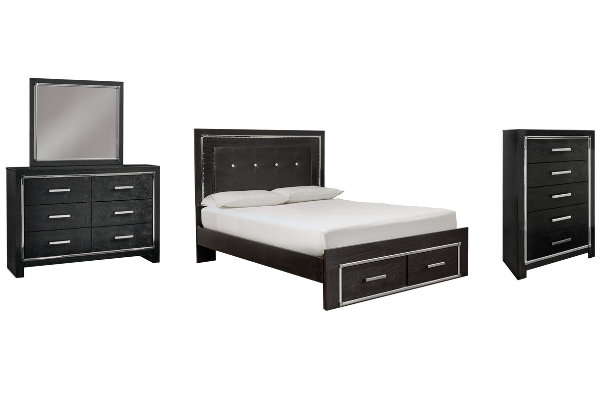 Kaydell Queen Panel Bed with Storage with Mirrored Dresser and Chest in Black - PKG008322