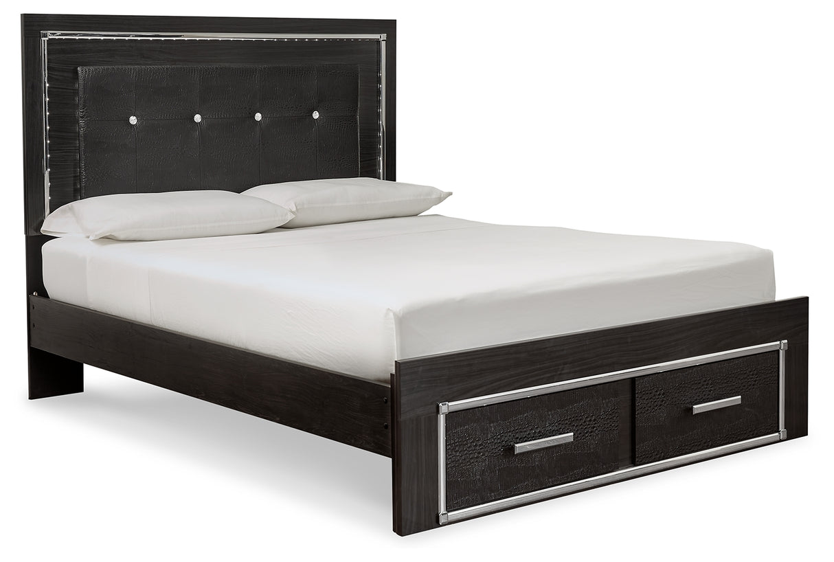 Kaydell Queen Panel Bed with Storage with Mirrored Dresser and Chest in Black - PKG008322