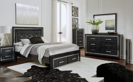 Kaydell Queen Panel Bed with Storage with Mirrored Dresser, Chest and Nightstand in Black - PKG008323