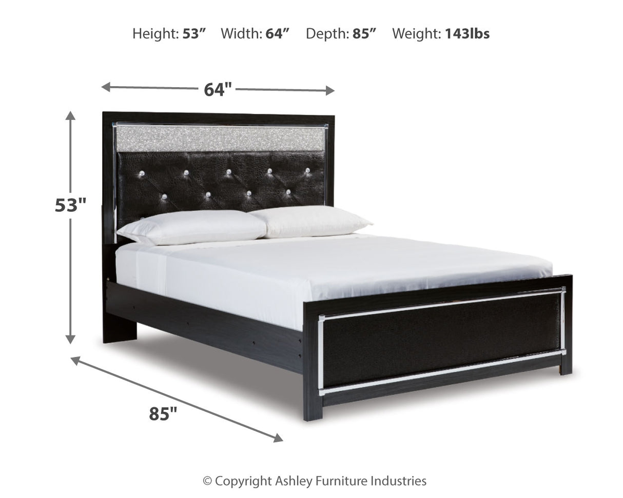 Kaydell Queen Upholstered Panel Bed with Mirrored Dresser and 2 Nightstands in Black - PKG014223