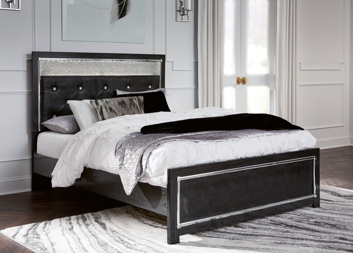 Kaydell Queen Upholstered Panel Bed with Mirrored Dresser and 2 Nightstands in Black - PKG014223