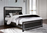 Kaydell Queen Upholstered Panel Bed with Mirrored Dresser and 2 Nightstands in Black - PKG014223