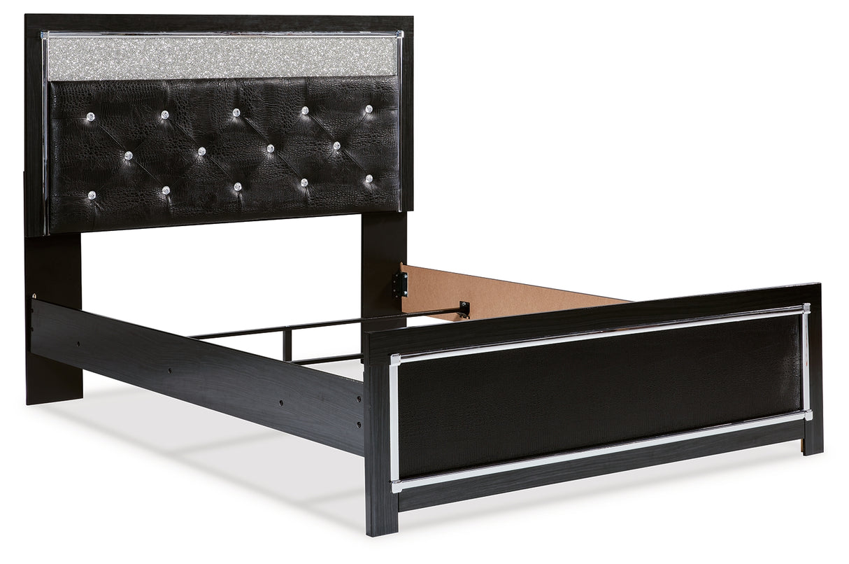 Kaydell Queen Upholstered Panel Bed with Mirrored Dresser and 2 Nightstands in Black - PKG014223