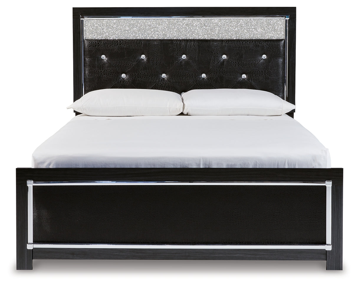 Kaydell Queen Upholstered Panel Bed with Mirrored Dresser and 2 Nightstands in Black - PKG014223