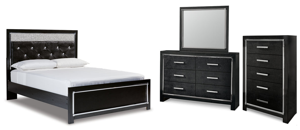 Kaydell Queen Upholstered Panel Bed with Mirrored Dresser and Chest in Black - PKG014224