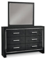 Kaydell Queen Upholstered Panel Bed with Mirrored Dresser and Nightstand in Black - PKG014128