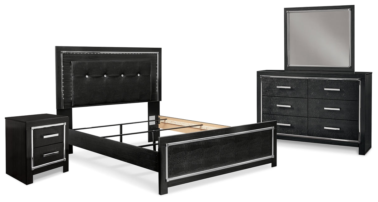 Kaydell Queen Upholstered Panel Bed with Mirrored Dresser and Nightstand in Black - PKG014128