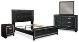 Kaydell Queen Upholstered Panel Bed with Mirrored Dresser and Nightstand in Black - PKG014128