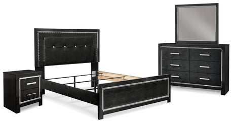 Kaydell Queen Upholstered Panel Bed with Mirrored Dresser and Nightstand in Black from Ashley - Luna Furniture