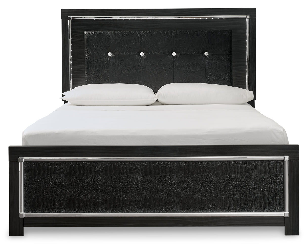 Kaydell Queen Upholstered Panel Bed with Mirrored Dresser and Nightstand in Black - PKG014128