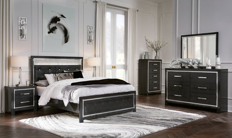 Kaydell Queen Upholstered Panel Bed with Mirrored Dresser, Chest and 2 Nightstands in Black - PKG014226