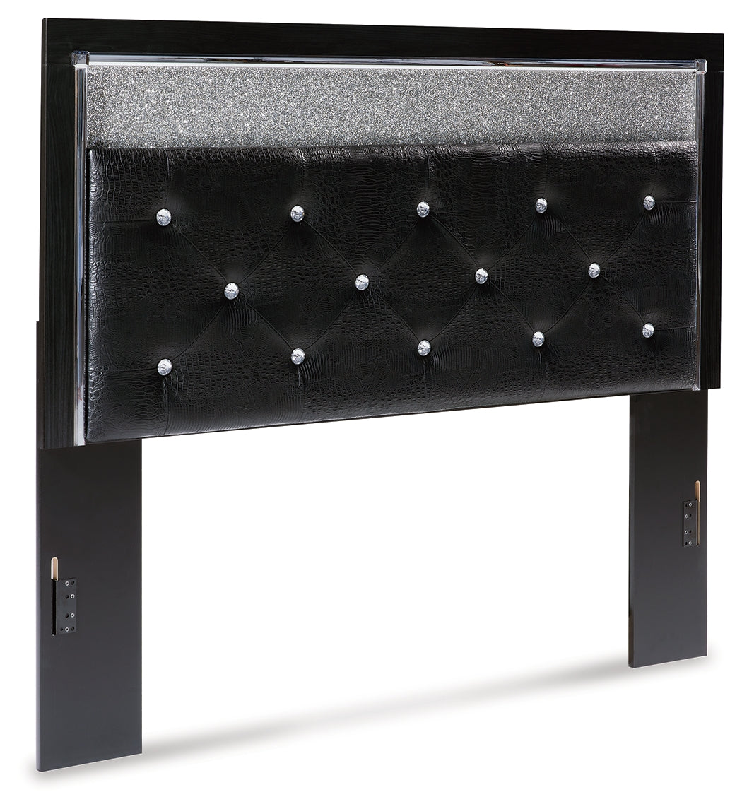 Kaydell Queen Upholstered Panel Headboard with Mirrored Dresser and Chest in Black - PKG014218