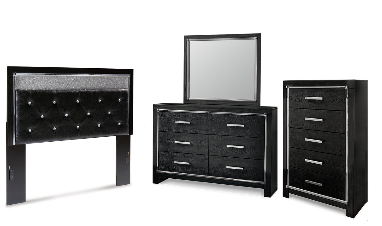 Kaydell Queen Upholstered Panel Headboard with Mirrored Dresser and Chest in Black - PKG014218