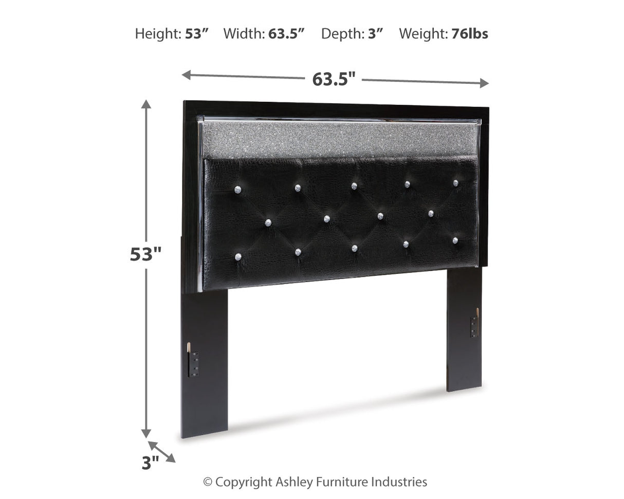 Kaydell Queen Upholstered Panel Headboard with Mirrored Dresser and Chest in Black - PKG014218