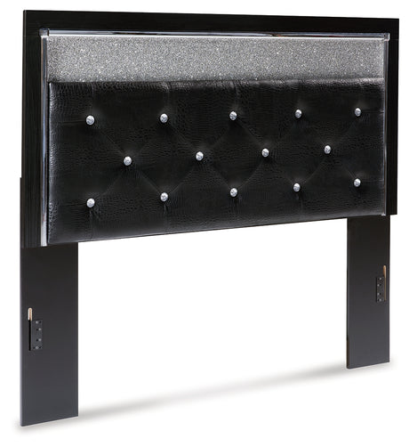 Kaydell Queen Upholstered Panel Headboard with Mirrored Dresser, Chest and 2 Nightstands in Black - PKG014220