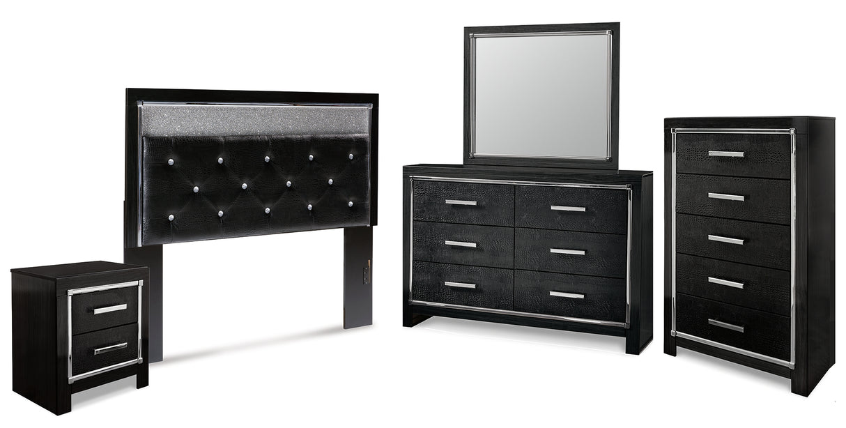 Kaydell Queen Upholstered Panel Headboard with Mirrored Dresser, Chest and Nightstand in Black - PKG014219